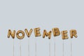 november written with foil gold balloons. november lettering with realistic gold balloons. november typography. isolated vector
