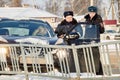 Novgorod, Russia, Aleksandr Krillov - 01262019: Traffic accident, woman driving and two police officers