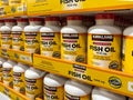 Kirkland Signature Fish Oil 1000mg on display at Costco warehouse aisle