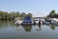 Novi Sad Marina on The Danube River with Boats in Ribarac Island, Vojvodina, Serbia and Bridge