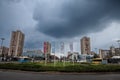 NOVI SAD, SERBIA - APRIL 3, 2022: Panorama of Bulevar Oslobodjenja boulevard in Novi Sad with buses passing by. Bulevar