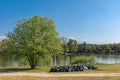 Sodros lake beach on Danube in Novi Sad, Serbia. People collect garbage and clean the shore Royalty Free Stock Photo