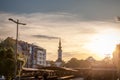 Panorama of Riblja Pijaca Green market at dusk with Saint George Cathedral