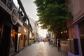NOVI SAD, SERBIA - MAY 1, 2023: Ulica Laze Teleckog street, an iconic pedestrian street of the city center of Novi Sad at dusk on