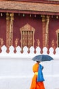 Novice monk walking past ancient temple of Vatsensoukharam, ancient buddhist temple with beautiful mural painting.