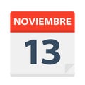 Noviembre 13 - Calendar Icon - November 13. Vector illustration of Spanish Calendar Leaf