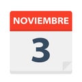 Noviembre 3 - Calendar Icon - November 3. Vector illustration of Spanish Calendar Leaf