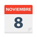 Noviembre 8 - Calendar Icon - November 8. Vector illustration of Spanish Calendar Leaf