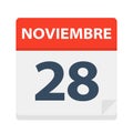 Noviembre 28 - Calendar Icon - November 28. Vector illustration of Spanish Calendar Leaf