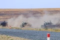 NOVOCHERKASSK, RUSSIA, 26 AUGUST 2017: A few modern T-90 tanks are moving at the military training ground