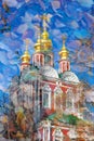 Novodevichy convent in Moscow. Artistic collage, autumn theme.