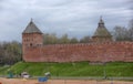 Novogorod Kremlin in early spring - walls and towers Royalty Free Stock Photo