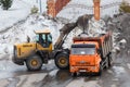 Novokuznetsk. Russia. 09.04.2020. Cleaning the territory from snow. Editorial Royalty Free Stock Photo