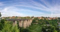 Novoplanovsky bridge over canyon and Old town, Kamianets-Podilskyi city, Ukraine Royalty Free Stock Photo