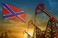 Novorossiya oil industry concept. Industrial illustration - Novorossiya flag and oil wells against the blue and yellow sunset sky