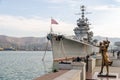 Novorossiysk. Cruiser Mikhail Kutuzov and monument to the Sailor