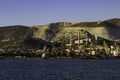 Sea cargo coal port. Mountains in the background.