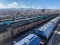 Novorossiysk, Russia - Circa November 2018 : Many cargo freight trains containers and wagons on railroad or railway station Royalty Free Stock Photo