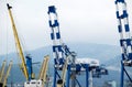 The international sea port of Novorossiysk. Port cranes and industrial objects. Marine Station