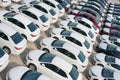 Novorossiysk, Russia - May, 18, 2017: A lot of new cars toyota corolla parked on the site for sale. View from above Royalty Free Stock Photo