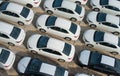 Novorossiysk, Russia - May, 18, 2017: A lot of new cars toyota corolla parked on the site for sale. View from above Royalty Free Stock Photo