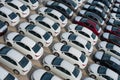 Novorossiysk, Russia - May, 18, 2017: A lot of new cars toyota corolla parked on the site for sale. View from above Royalty Free Stock Photo