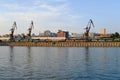 Novosibirsk city editorial photo. Heavy lift cranes on the bank of the Ob river. Illustrative photo for news about Novosibirsk