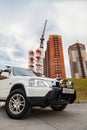 Novosibirsk, Russia - 07.07.20: front view of a Honda CR-V car in a white body of a Japanese crossover with piaa fog lights and a Royalty Free Stock Photo