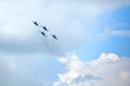 Mochishche airfield, local air show, Aerobatic team VKS `Russian Falcons` Su-30 SM, four russian fighter aircrafts in the sky