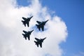 Mochishche airfield, local air show, Aerobatic team VKS `Russian Falcons` Su-30 SM, four russian fighter aircrafts in the sky