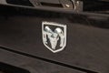 Rear nameplate and emblem on the trunk of luxury very expensive new black Dodge Ram 1500 hemi 5.7 litres car stands in the