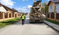 Traffic police inspector and a truck during an accident in the village