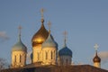 Novospassky convent. Blue and golden church domes. Moscow, Russia Royalty Free Stock Photo