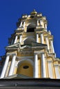 Novospassky monastery in Moscow. Yellow belfry decorated by white columns