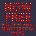 Now free. Red letters with luminous glowing lightbulbs. Vector typography words design. Template type font for poster