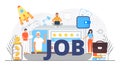 Now hiring, great gob vector illustration. Startup, gob interview online concept with tiny people, big letters