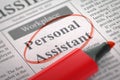 Now Hiring Personal Assistant. 3D. Royalty Free Stock Photo