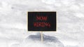 Now hiring symbol. Concept words Now hiring on beautiful black chalk blackboard. Beautiful white snow background. White snow. Royalty Free Stock Photo