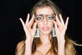 Now I can see you well. Sensual woman wear fashion glasses. Woman with magnified eyes. Nerd girl with funky look. Beauty