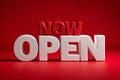 Now Open Announcement Sign on Red Background Royalty Free Stock Photo