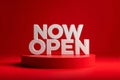 Now Open Announcement Sign on Red Background Royalty Free Stock Photo