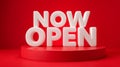 Now Open Announcement Sign on Red Background Royalty Free Stock Photo