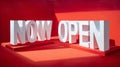 Now Open Announcement Sign on Red Background Royalty Free Stock Photo