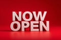 Now Open Announcement Sign on Red Background Royalty Free Stock Photo