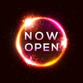 Now Open neon light sign on red circle background. Royalty Free Stock Photo