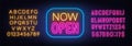 Now Open neon sign in frame on brick wall background. Royalty Free Stock Photo