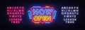 Now Open neon signs vector. Now Open Design template neon sign, light banner, neon signboard, nightly bright advertising Royalty Free Stock Photo