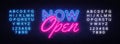 Now Open neon text vector design template. Now Open neon logo, light banner design element colorful modern design trend Royalty Free Stock Photo