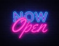 Now Open neon text vector design template. Now Open neon logo, light banner design element colorful modern design trend Royalty Free Stock Photo