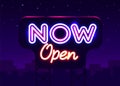 Now Open neon text vector design template. Now Open neon logo, light banner design element, night bright advertising Royalty Free Stock Photo